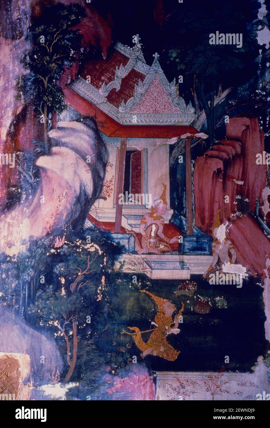 Le roi rémorseful retourne le pot d'eau de Sama à son parent aveugle à leur ermitage, Wat Suwannaram, mur du Nord, Thonburi, Bangkok, Thaïlande Banque D'Images