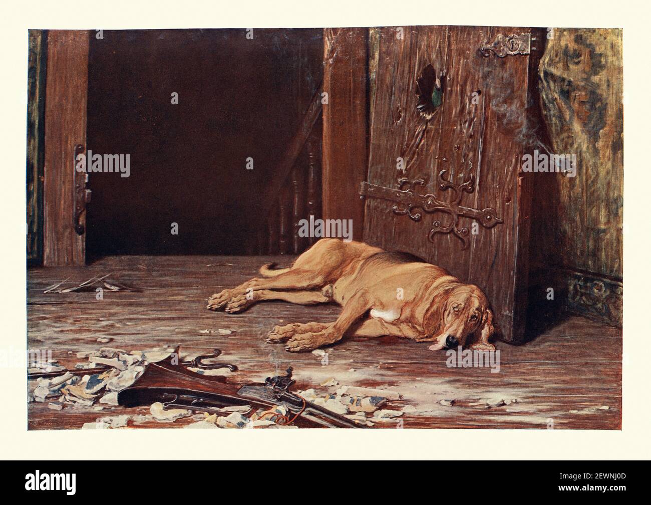 Dernier de la Garriso après Briton Riviere XIXe siècle art victorien loyal chien de compagnie chien de sang garding un chien après une bataille Banque D'Images