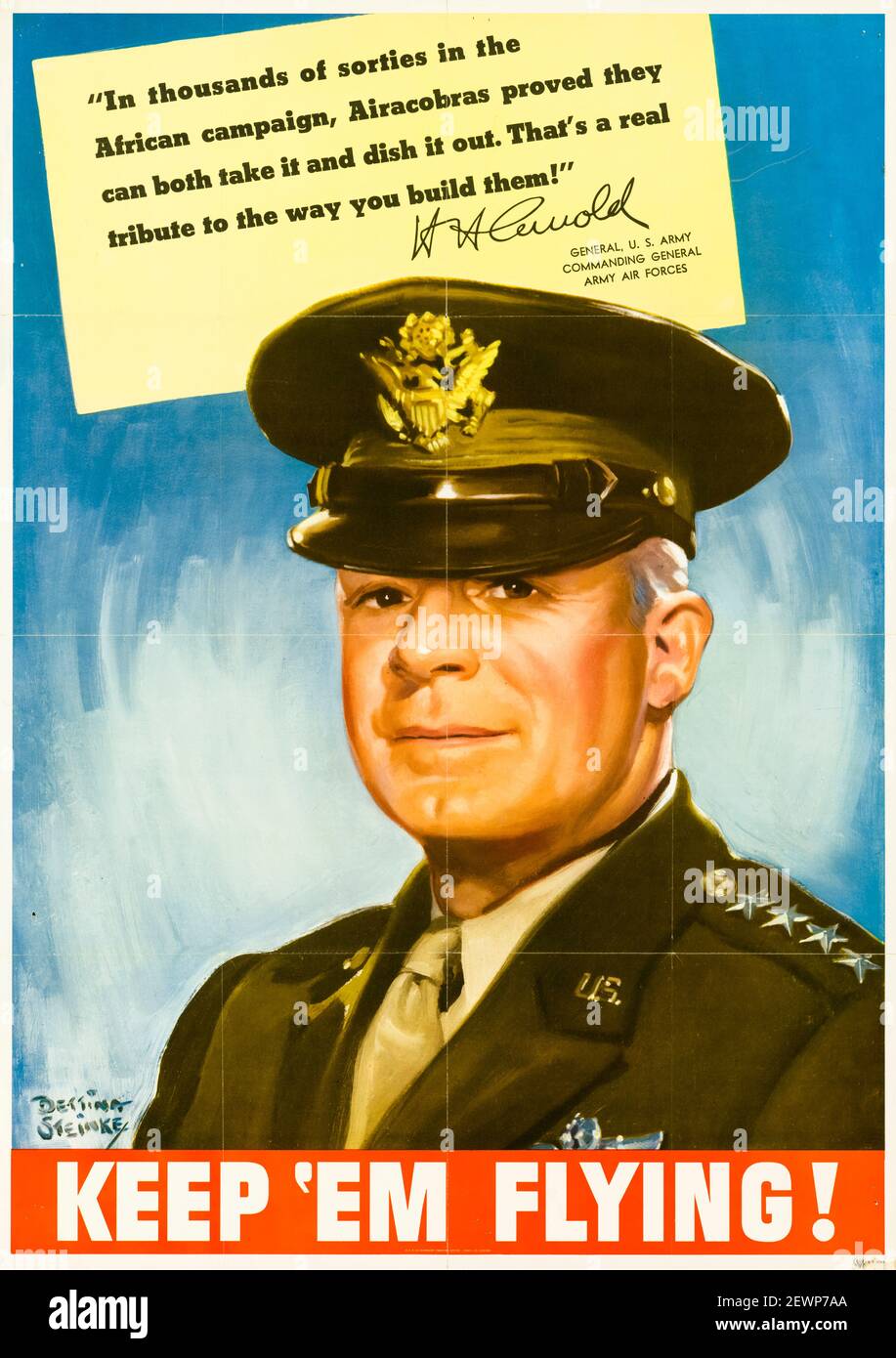 American, US, WW2, affiche de productivité ou de motivation, Keep 'EM Flying!, mettant en vedette le général Henry H Arnold, se concentrant sur l'avion de chasse P-39 Airacobra de Bell, artiste Bettina Steinke, vers 1940 Banque D'Images
