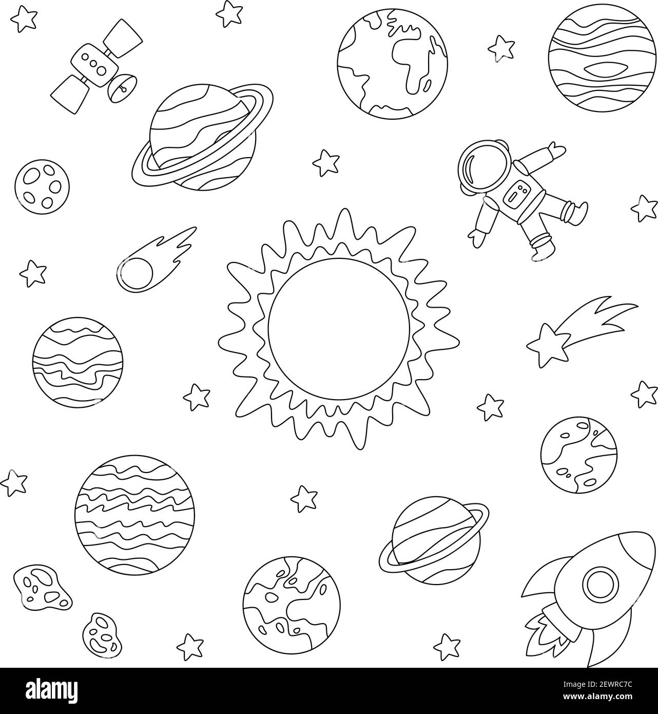 Page de coloriage avec planètes du système solaire. Image en noir et blanc  Image Vectorielle Stock - Alamy