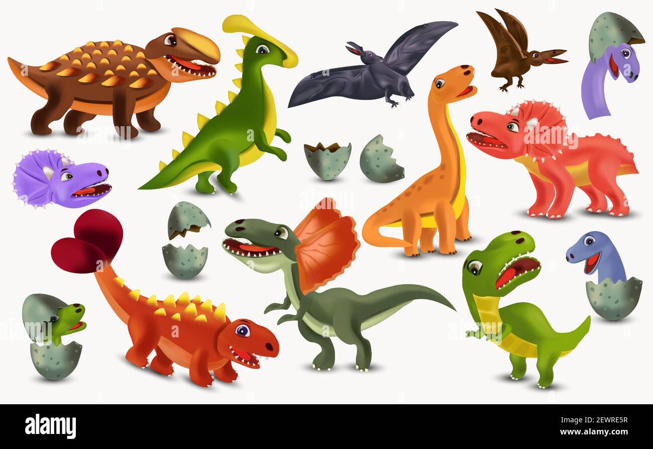 Dinosaures Tyrannosaurus, Brachiosaurus, Pterodactyl, Triceratops, personnage de dessin animé de Stegosaurus. Grande collection de dinosaures. L'éclosion de dinosaures à partir d'un œuf. Illustration vectorielle 3D. Illustration de Vecteur