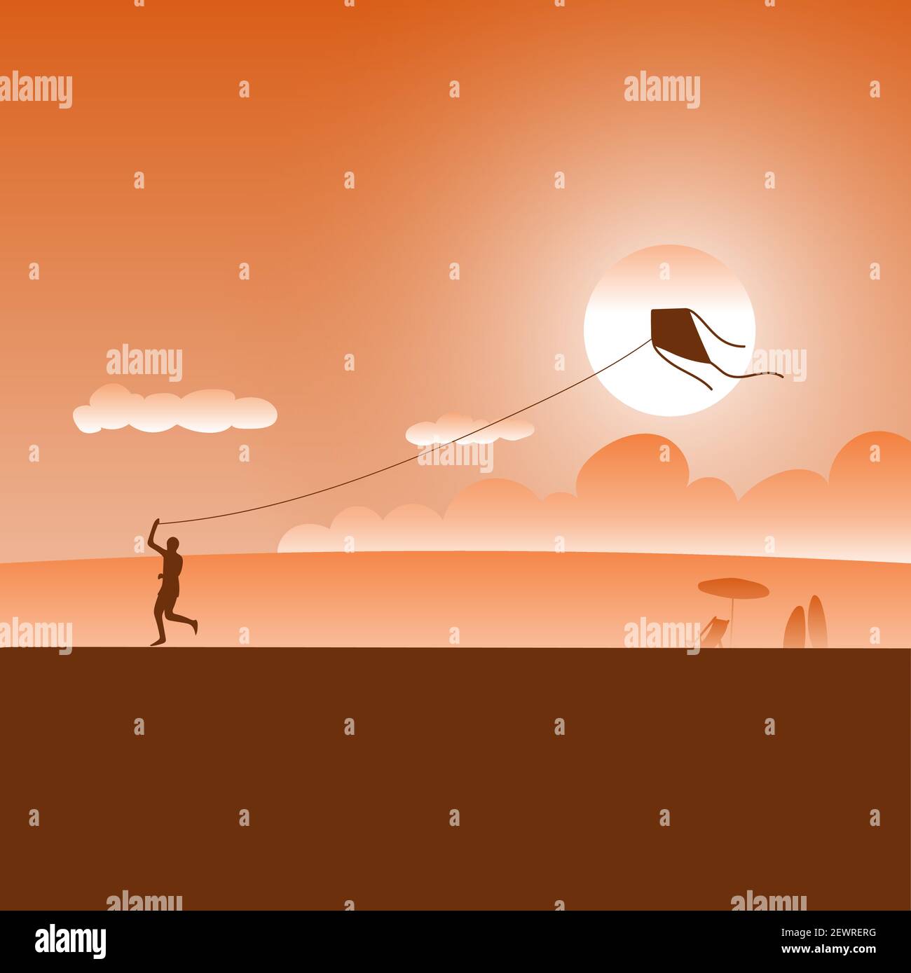 homme jouant du cerf-volant sur la plage au coucher du soleil avec un vecteur d'illustration orange dégradé. Illustration de Vecteur