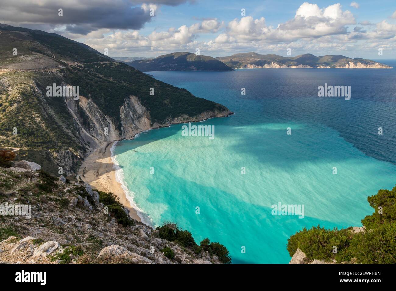Vue panoramique sur Myrtos Beach, Kefalonia, Iles Ioniennes, Iles grecques, Grèce, Europe Banque D'Images