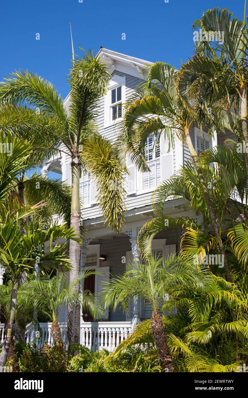 Vue à travers les palmiers à la façade d'une maison en bois typique, vieille ville, Key West, Florida Keys, Floride, États-Unis d'Amérique, Amérique du Nord Banque D'Images