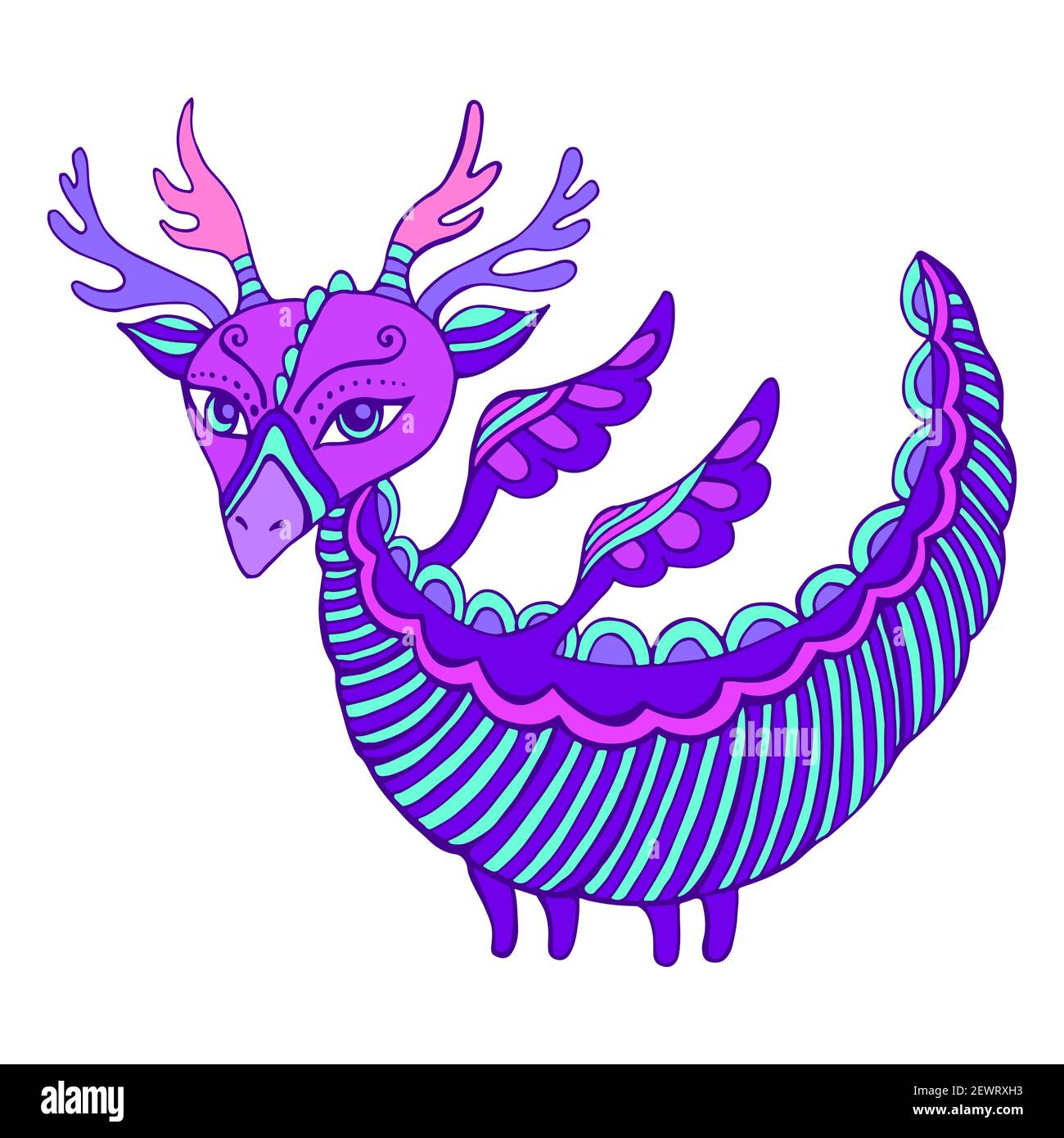 Dragon coloré et mignon avec ailes, cornes et queues. Illustration de Vecteur