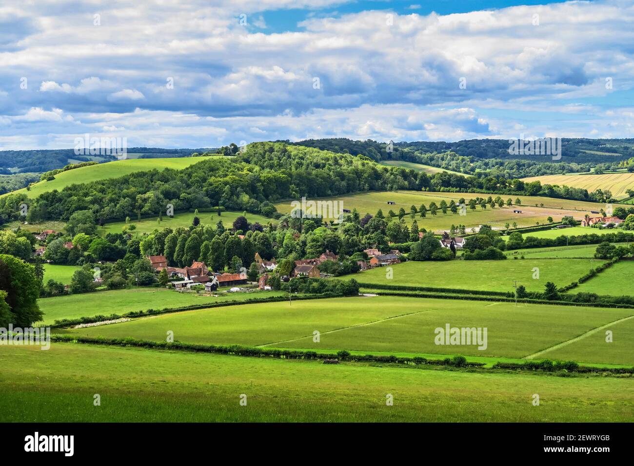 Vue de Fingt Wood à Fingt Village et Cadmore End dans les collines Chiltern près de High Wycombe, Fing, Buckinghamshire, Angleterre, Royaume-Uni Banque D'Images