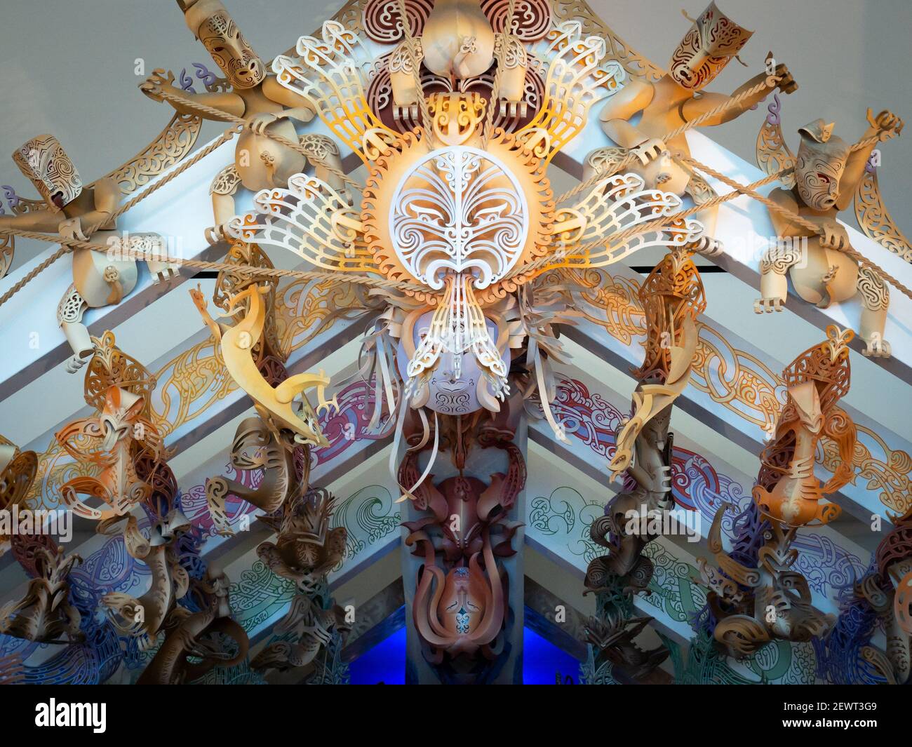 Exposition de décorations et d'art maoris, prise de vue dans le nord de l'île de Nouvelle-Zélande Banque D'Images