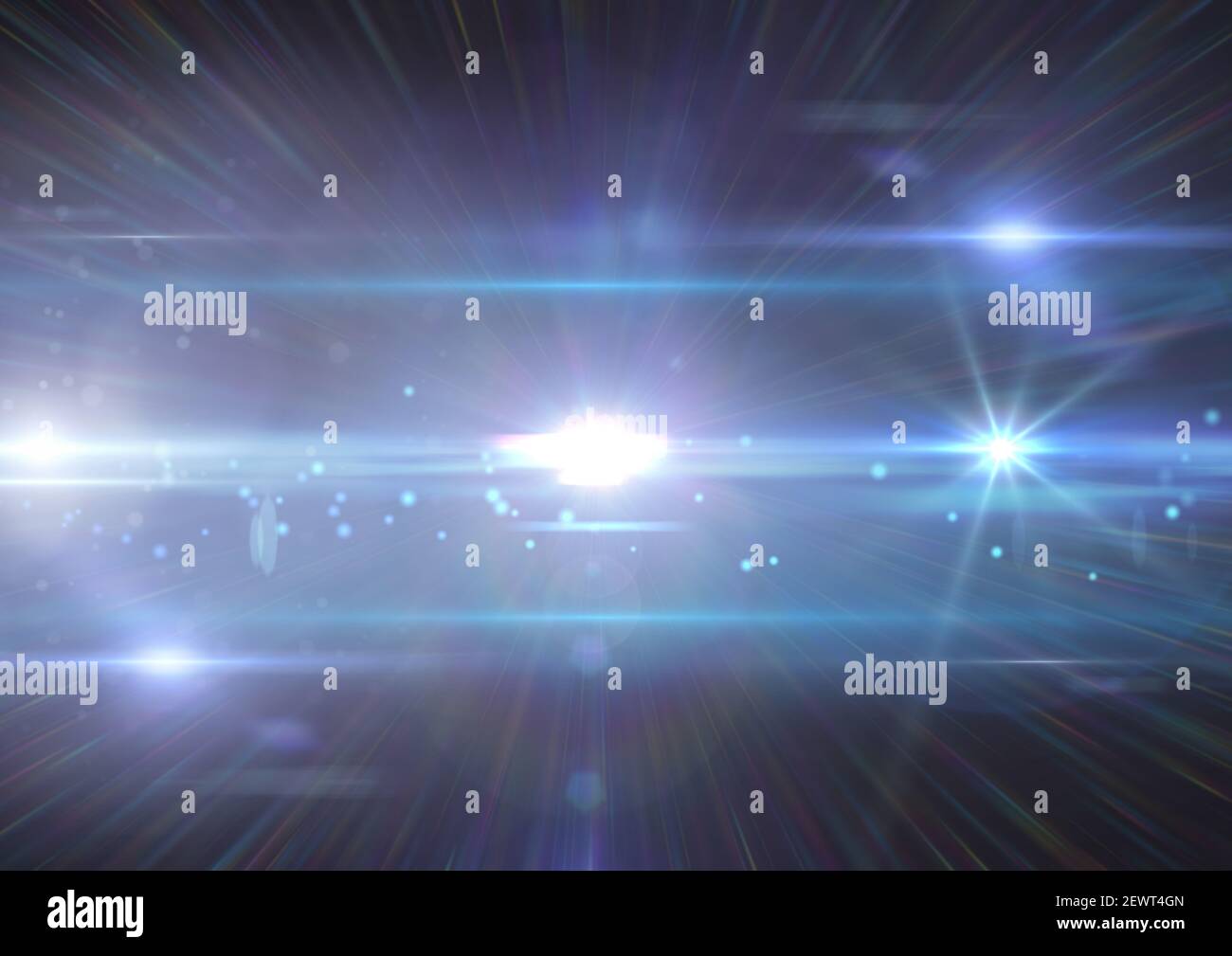 Spot lumineux bleu et plusieurs pistes lumineuses s'allument arrière-plan bleu Banque D'Images