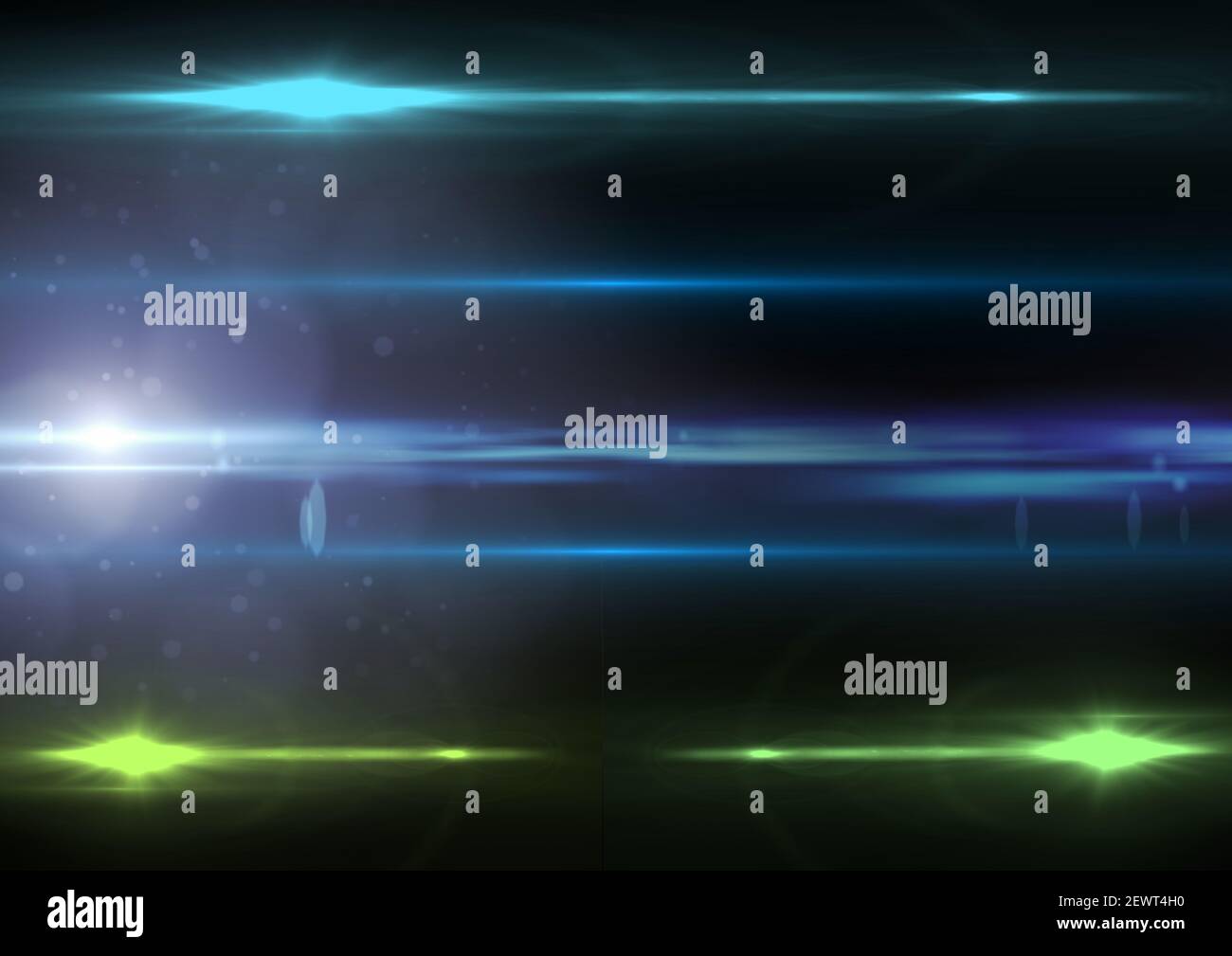 Des points lumineux bleus et verts lumineux avec des pistes lumineuses sur fond noir Banque D'Images