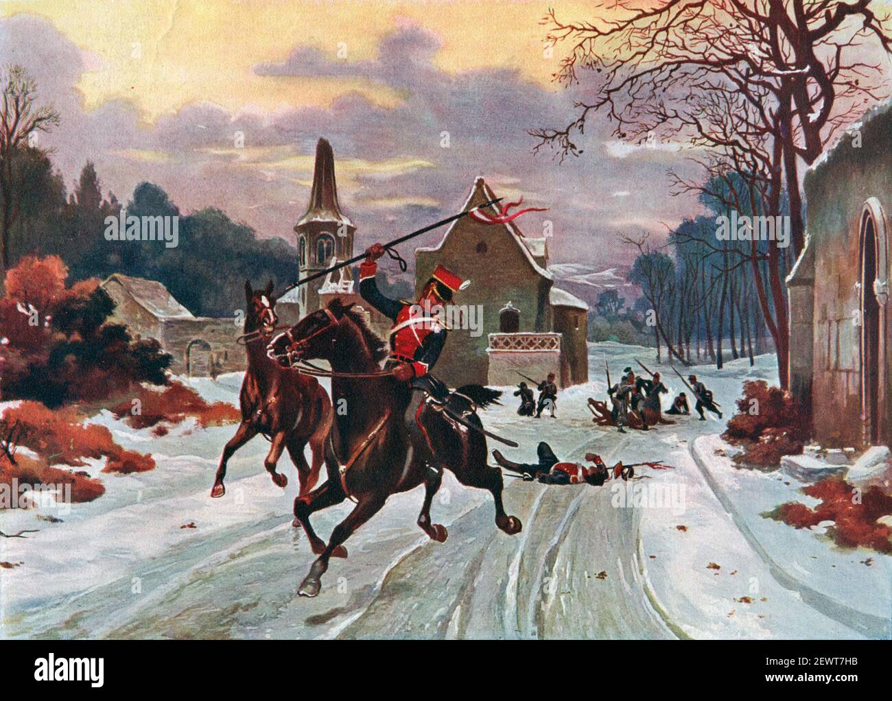 Illustration vintage des troupes de cavalerie allemandes embusquées par les soldats français pendant la guerre franco-prussienne de 1870. Un conflit entre le deuxième Empire français et les États allemands de la Confédération du Nord-Allemagne dirigé par le Royaume de Prusse, il a duré du 19 juillet 1870 au 28 janvier 1871 Banque D'Images