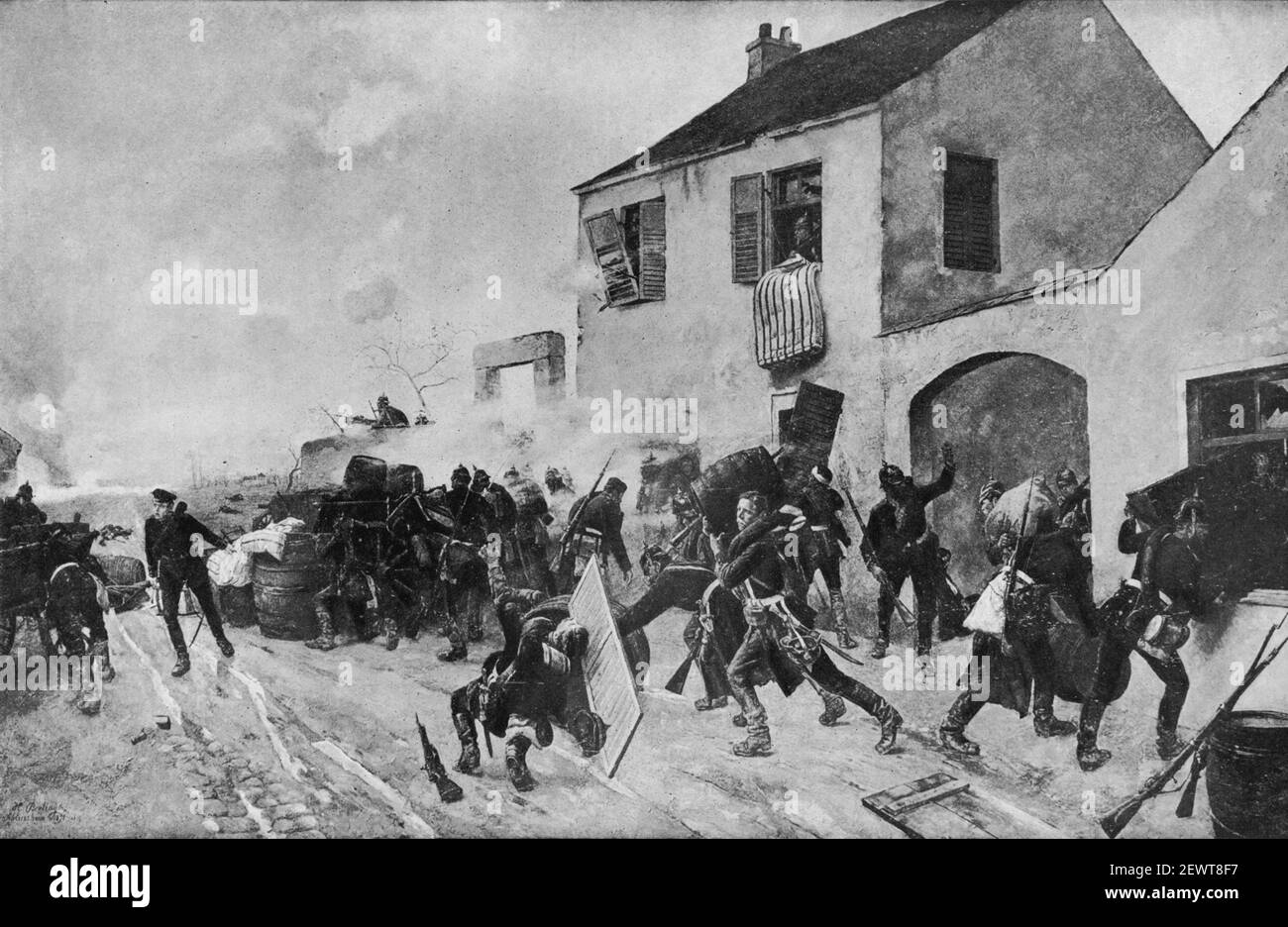 Une illustration ancienne des troupes allemandes attaquées par des soldats français lors de la bataille de Beaune-la-Rolande le 28 novembre 1870 pendant la guerre franco-prussienne de 1870. Un conflit entre le deuxième Empire français et les États allemands de la Confédération du Nord-Allemagne dirigé par le Royaume de Prusse, il a duré du 19 juillet 1870 au 28 janvier 1871. Illustré par Heinrich Breling vers 1891 Banque D'Images