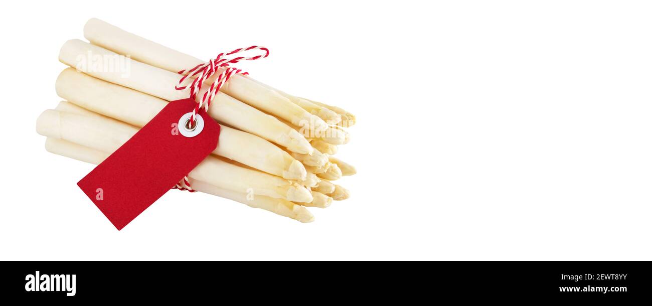 Weißer Spargel Asparagus genunden mit rotem Label und copy space Banque D'Images