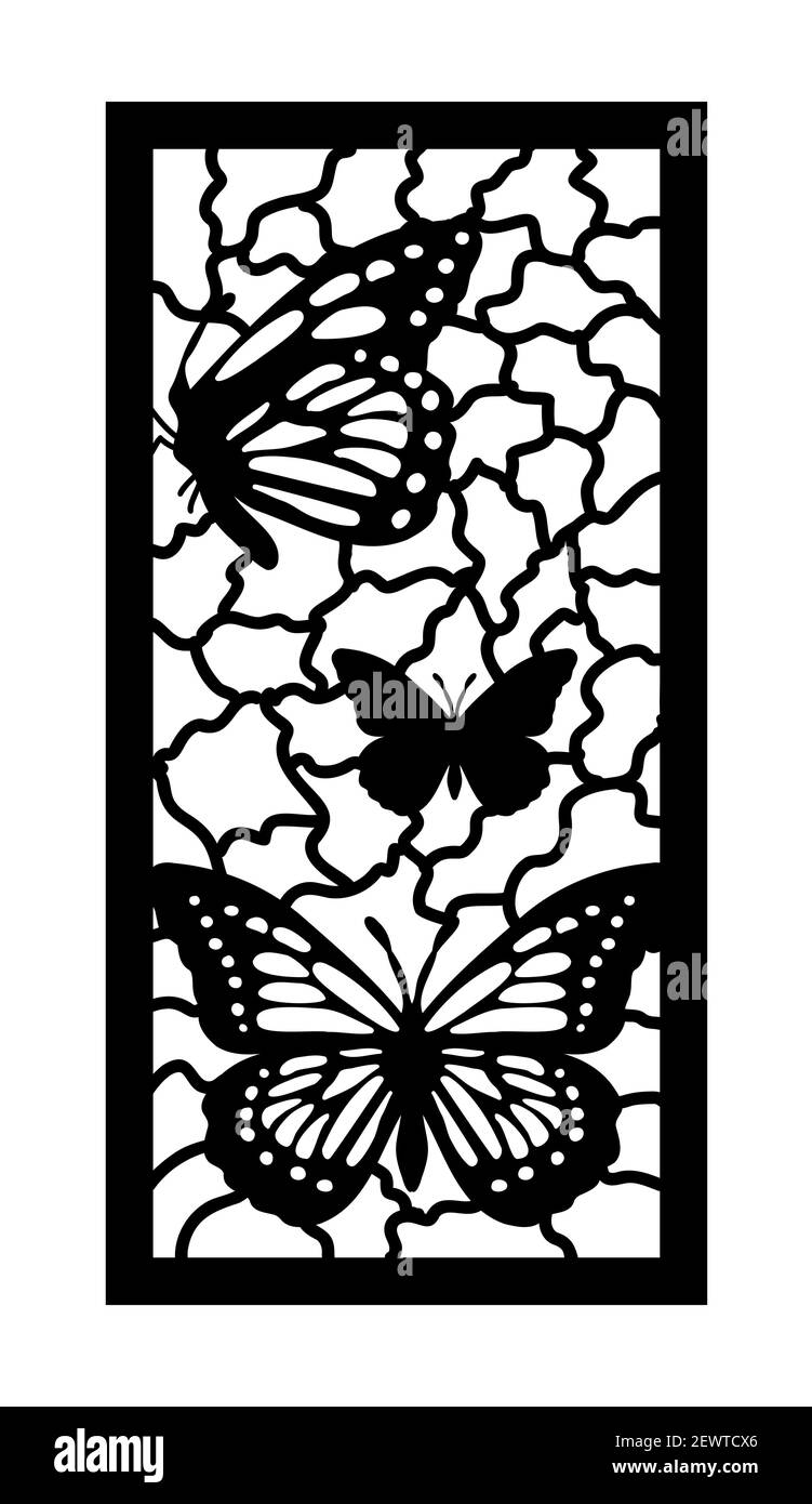 Modèle CNC avec papillon. Panneau décoratif, écran, mur. Panneau cnc à papillon vectoriel pour découpe au laser. Gabarit pour cloison intérieure, séparateur de salle Illustration de Vecteur Modèle CNC avec papillon. Panneau décoratif, écran, mur. Panneau cnc à papillon vectoriel pour découpe au laser. Gabarit pour cloison intérieure, séparateur de salle Illustration de Vecteur