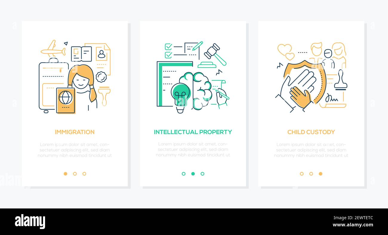 Services juridiques - bannières Web modernes de style design de ligne avec espace de copie pour le texte. Immigration, propriété intellectuelle, garde des enfants. Consu Illustration de Vecteur