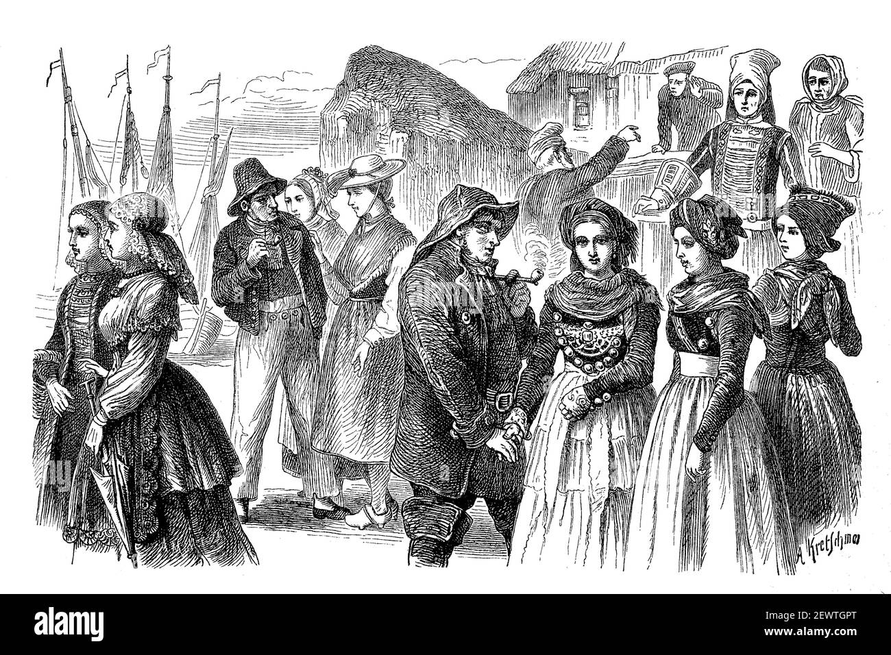 Costumes folkloriques de Frise, Frise de l'Ouest, Frise de l'est, Frise du Nord (à partir de la gauche), Allemagne, en 1880 / Volkstrachten aus Frise, Westfriesen, Ostfriesen, Nordfriesen (von Links), Deutschland, im Jahre 1880, Historisch, historique, numérique reproduction améliorée d'un original du 19ème siècle / digitale Reproduktion einer Originalvorlage aus dem 19. Jahrhundert, Banque D'Images
