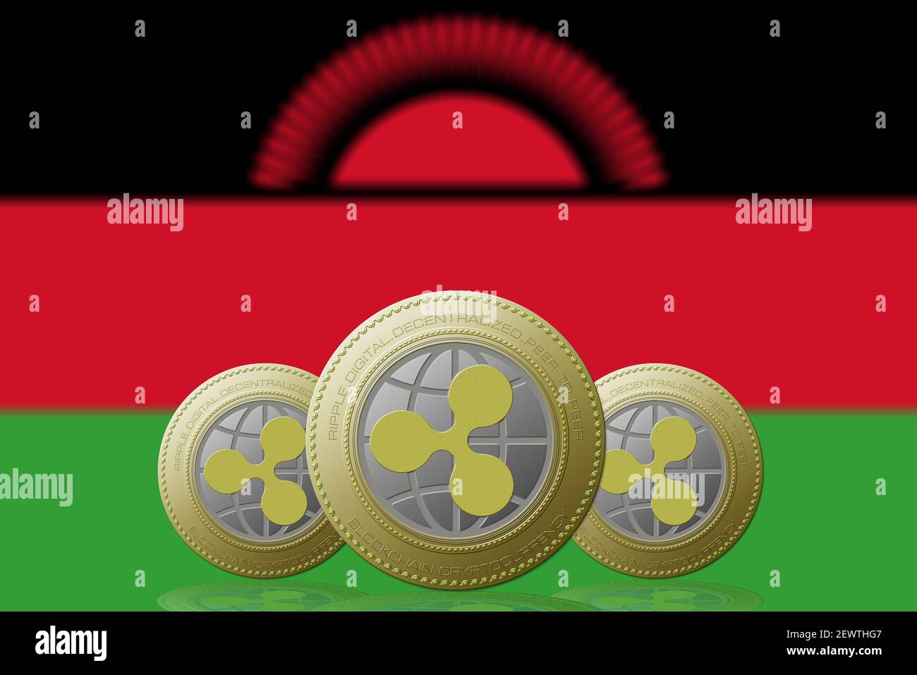 Illustration 3D trois ONDULATIONS de crypto-monnaie avec drapeau du Malawi sur fond Banque D'Images