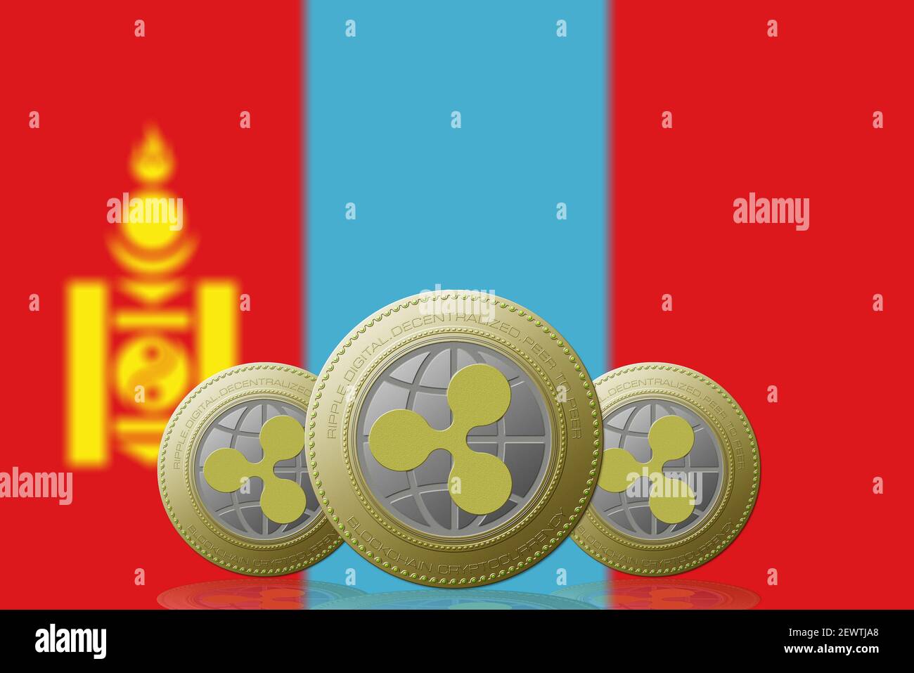 Illustration 3D trois ONDULATIONS de crypto-monnaie avec le drapeau de la Mongolie en arrière-plan Banque D'Images