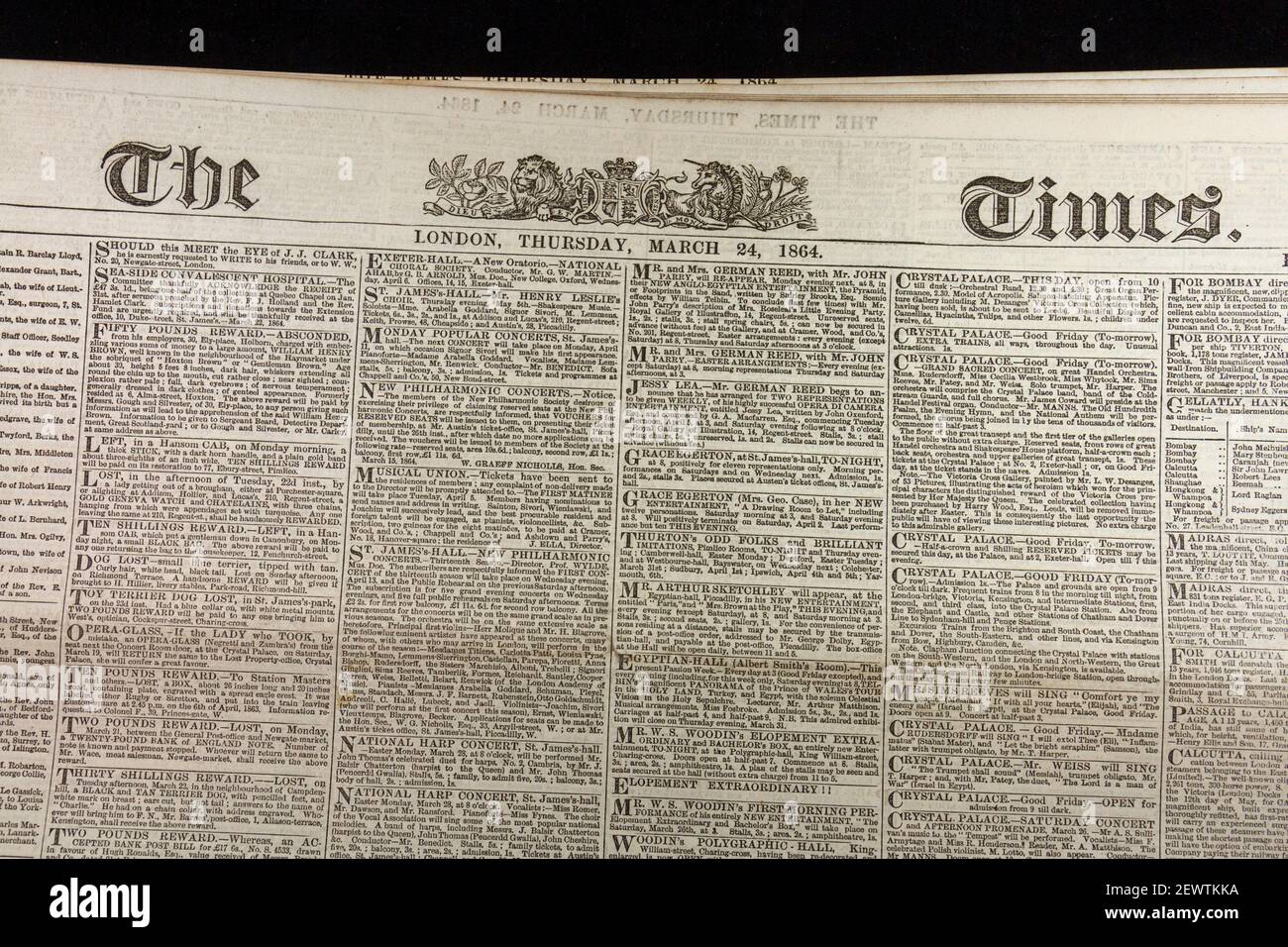 Page de couverture du journal The Times Londres le jeudi 24 mars 1864. Banque D'Images