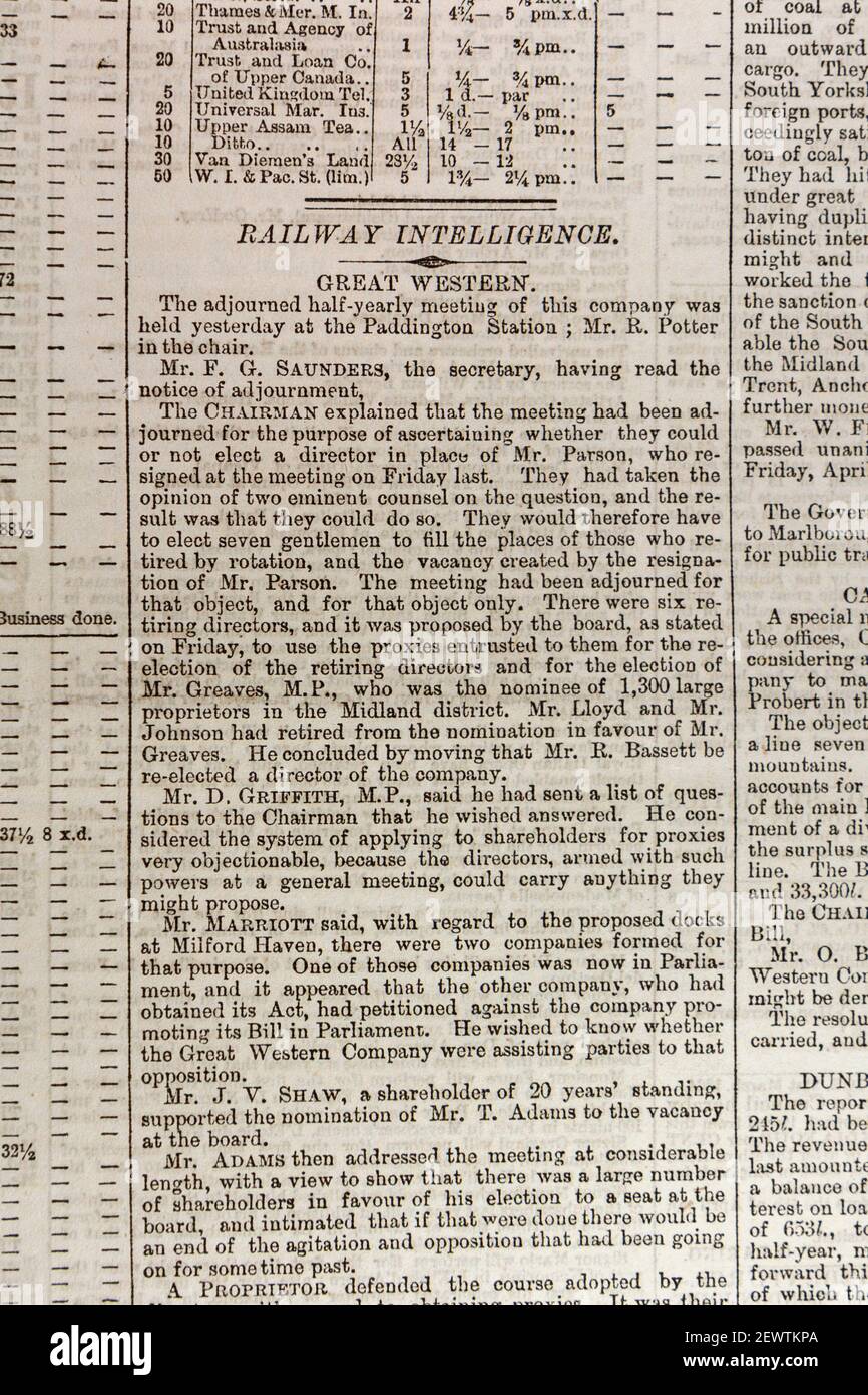 Section "Railway Intelligence" mettant à jour les lecteurs des dernières nouvelles relatives aux chemins de fer, le journal The Times Londres le jeudi 24 mars 1864. Banque D'Images