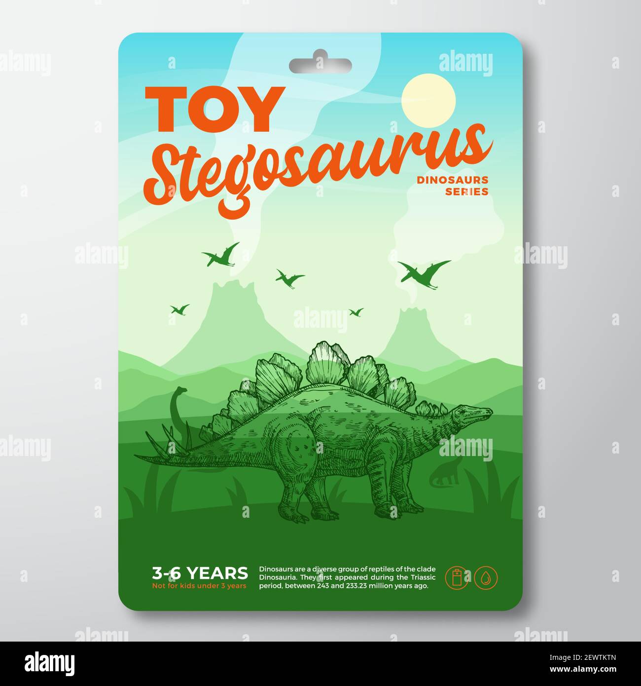 Modèle d'étiquette de dinosaure de jouet. Résumé Vector Packaging Design Layout. Typographie moderne avec paysage de volcan préhistorique et Stegosaurus dessiné à la main Illustration de Vecteur