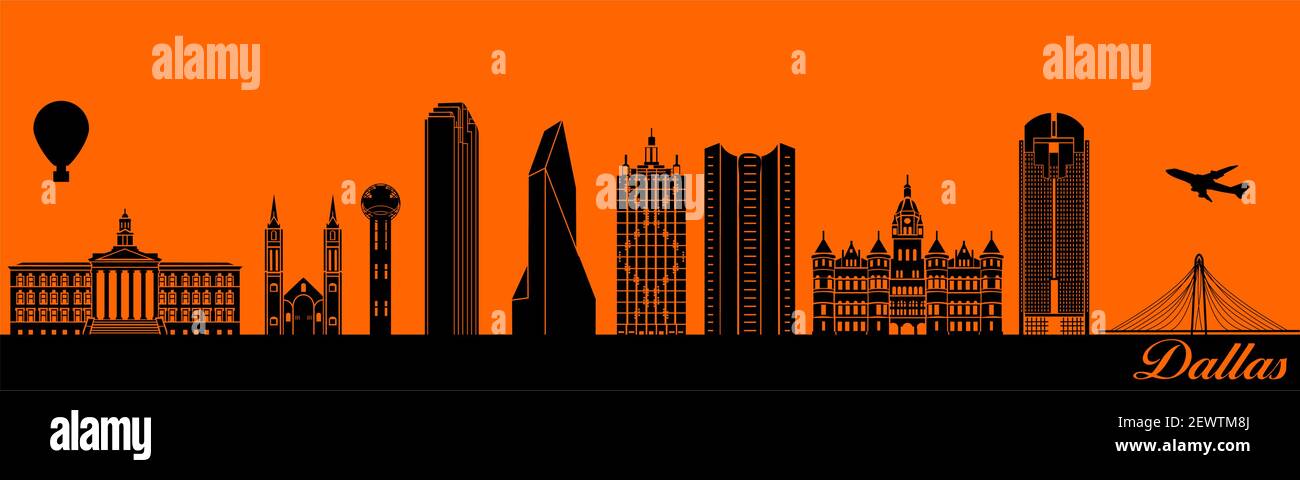 Silhouette d'horizon de la ville vectorielle - illustration, ville en fond orange, Dallas Texas Illustration de Vecteur