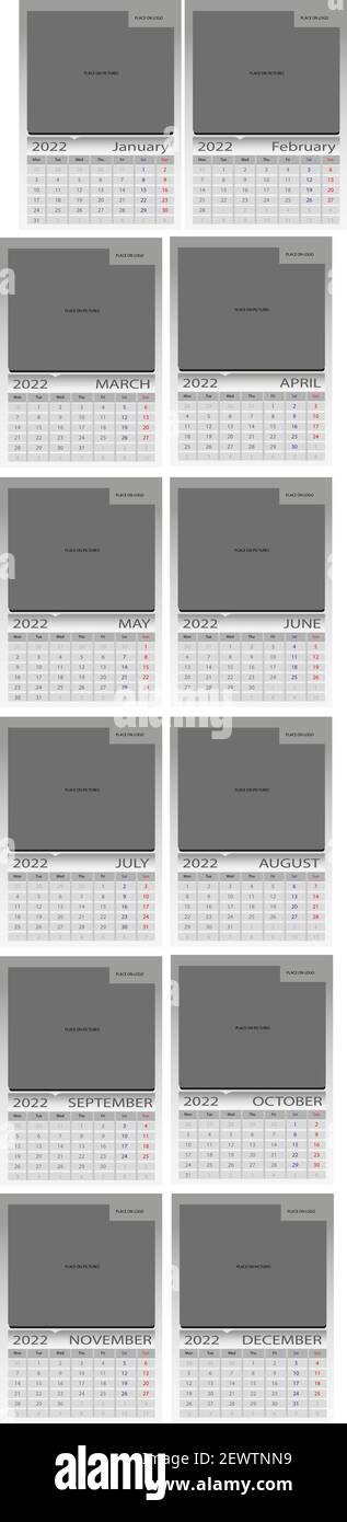 Calendrier pour 2022, douze mois chacun sur une page. Début de la semaine à partir du lundi. Niveaux de gris monochrome. Illustration de Vecteur