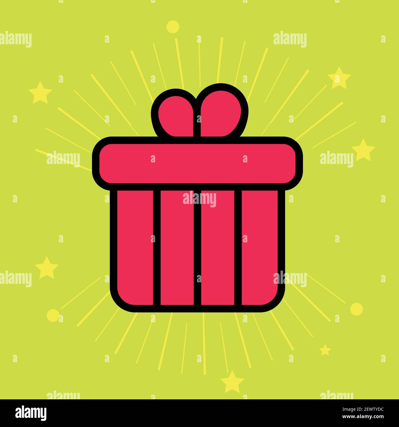 Boîte cadeau avec logo de style vectoriel et feu d'artifice. Illustration mignonne d'un cadeau, d'un message d'accueil, d'une surprise. Illustration de Vecteur