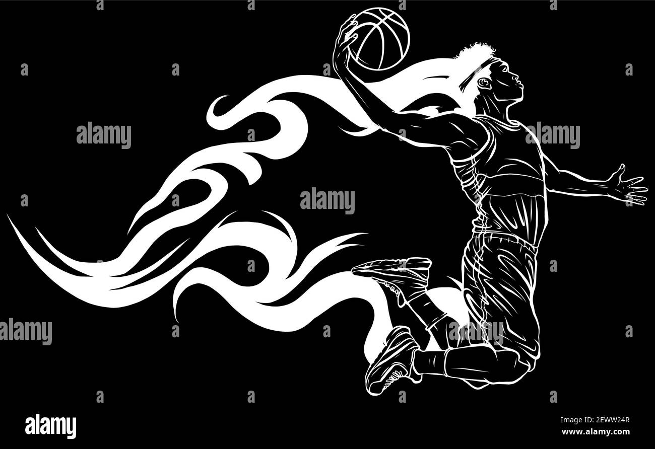 Illustration de la silhouette du joueur de basket-ball jette le ballon avec des flammes Illustration de Vecteur