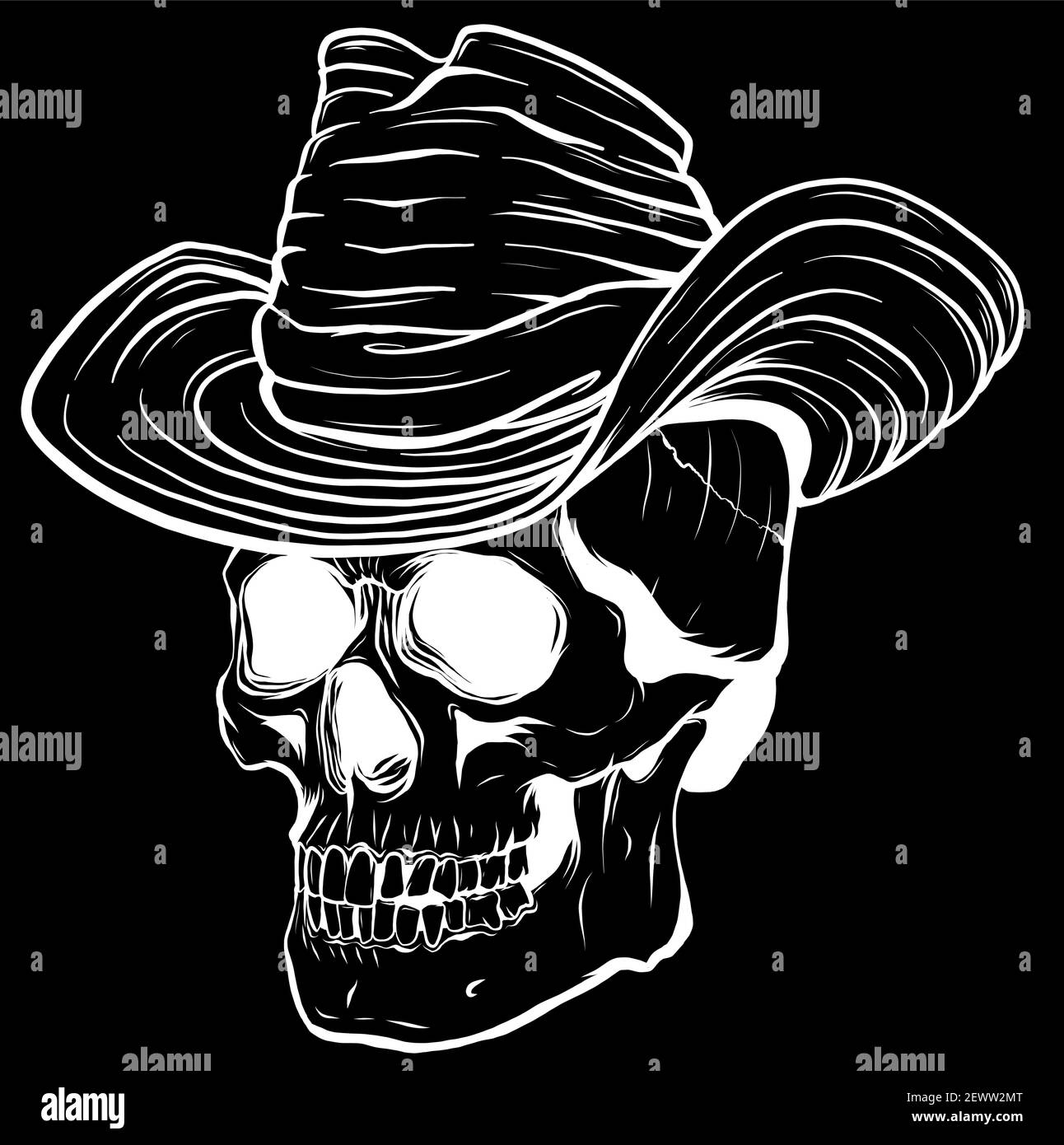 Illustration vectorielle de la silhouette du crâne de Cowboy avec chapeau Illustration de Vecteur