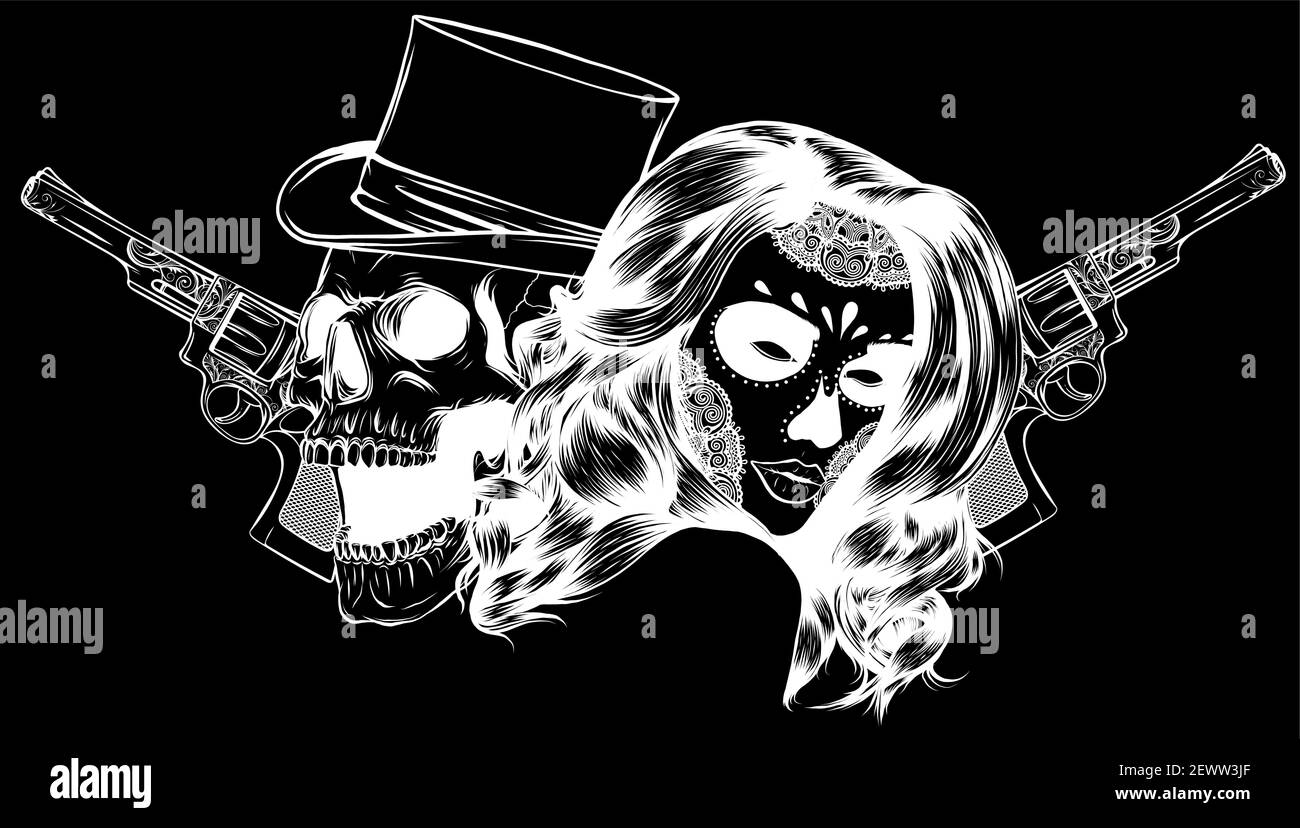 Illustration vectorielle silhouette gangster avec arme à feu et femme Illustration de Vecteur