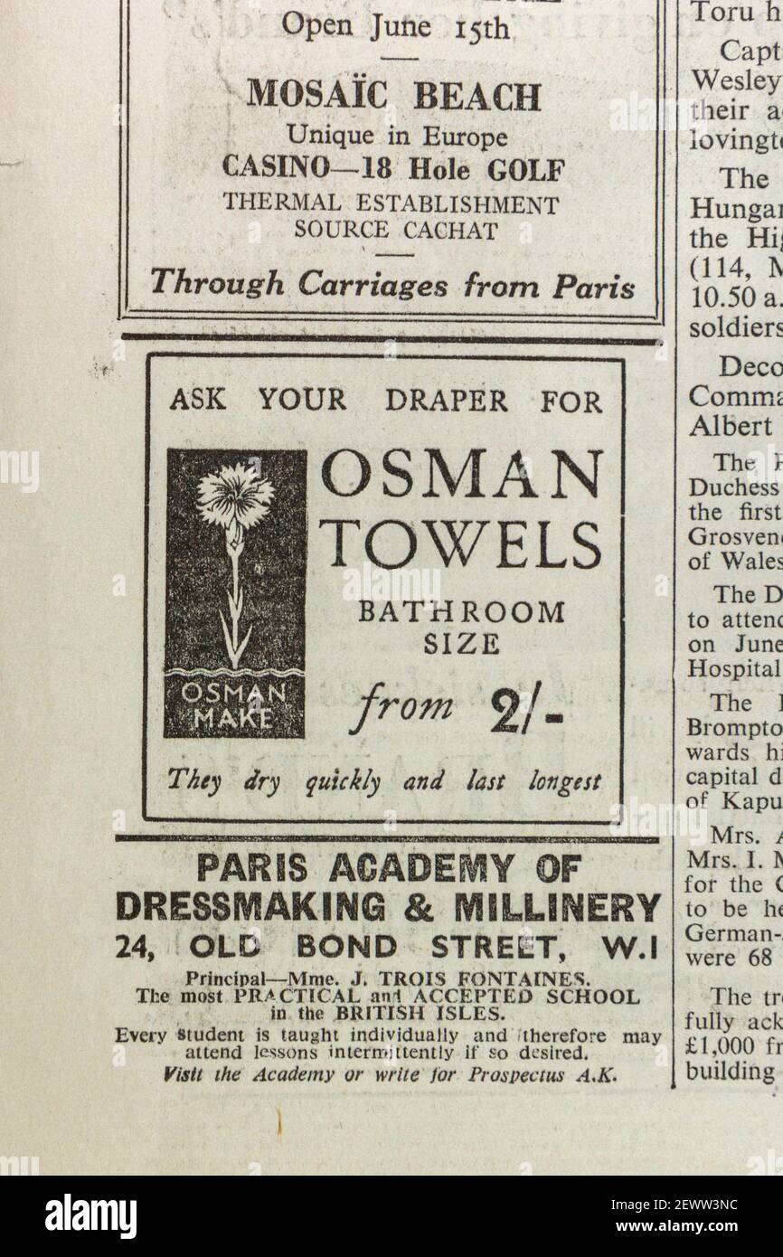 Publicité pour Osman Towels dans le journal The Times, Londres, Royaume-Uni, vendredi 24 mai 1935. Banque D'Images