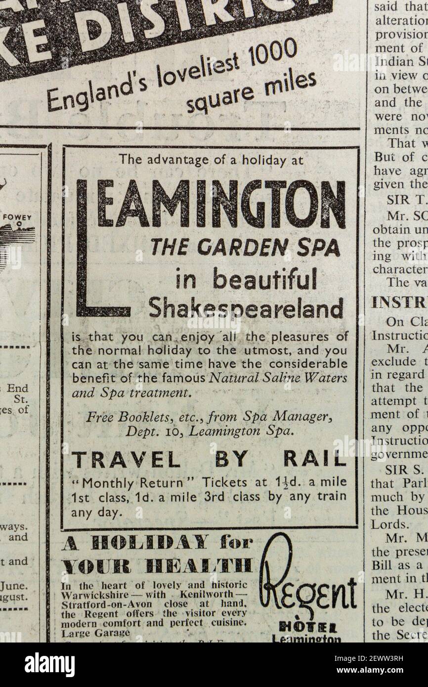 Publicité pour un voyage en train à Leamington Spa, (The Garden Spa) dans le journal The Times, Londres, Royaume-Uni, vendredi 24 mai 1935. Banque D'Images