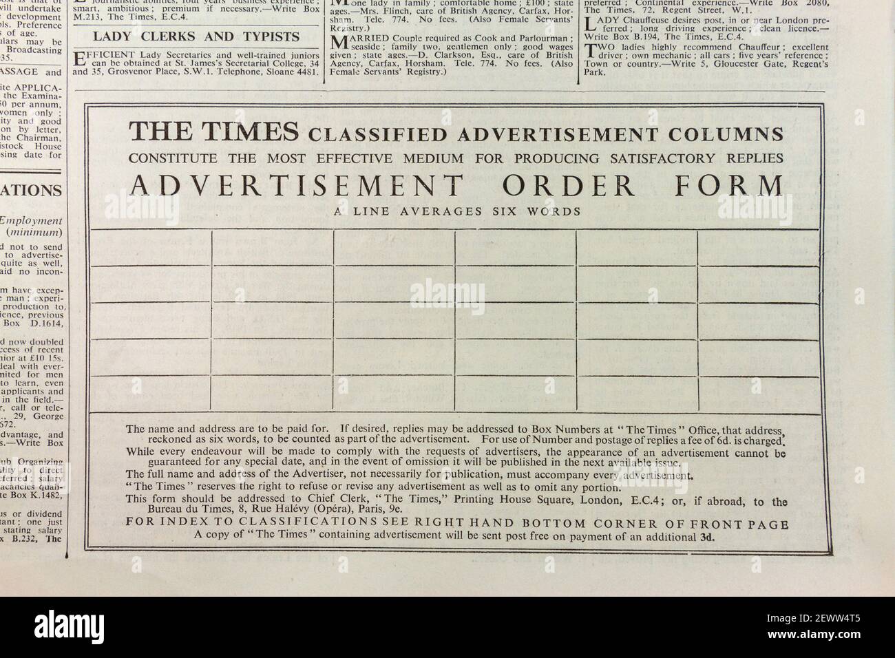Bon de commande de publicité (pour placer des annonces classifiées) dans le journal The Times, Londres, Royaume-Uni, vendredi 24 mai 1935. Banque D'Images