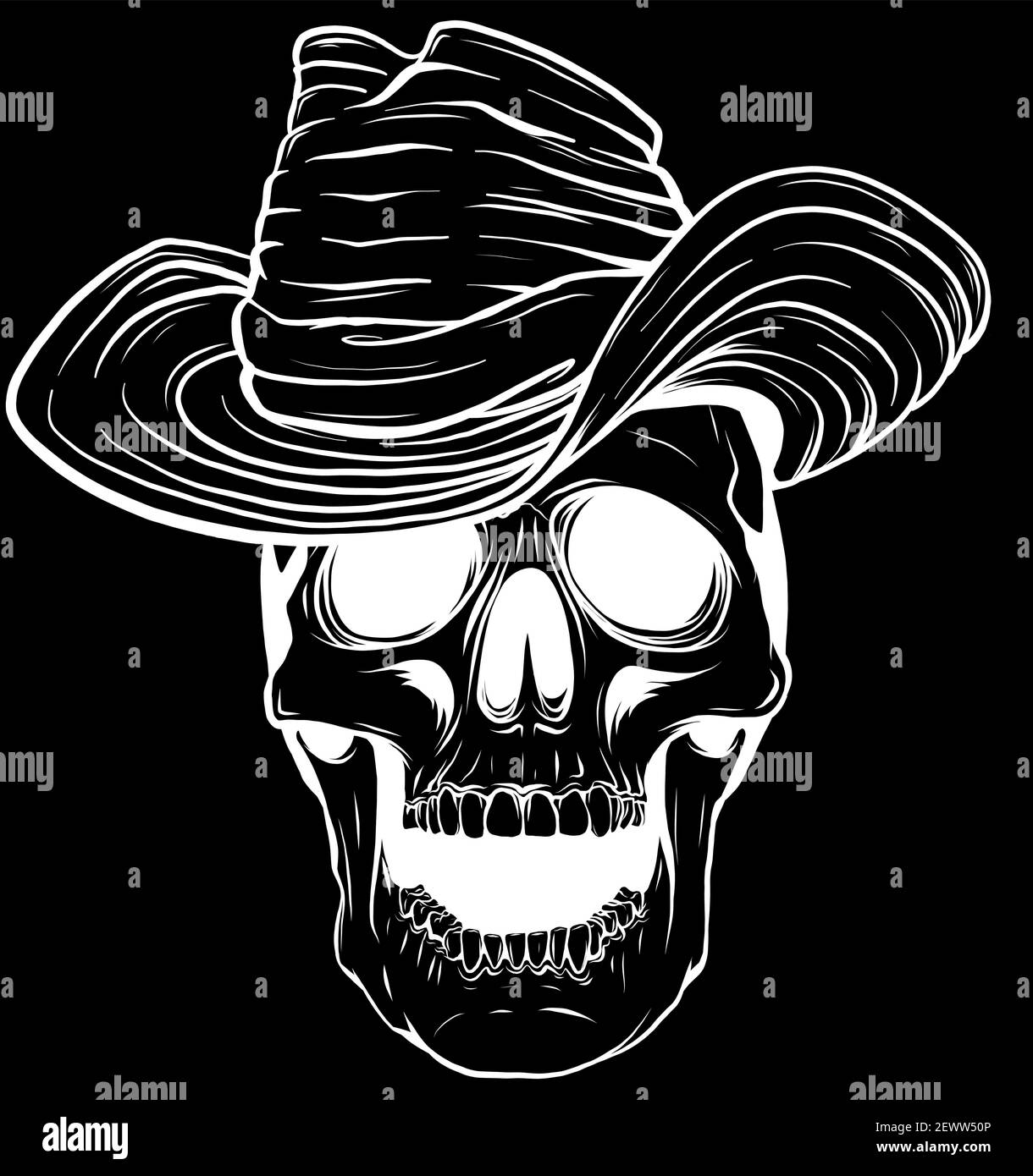 Illustration vectorielle de la silhouette du crâne de Cowboy avec chapeau Illustration de Vecteur
