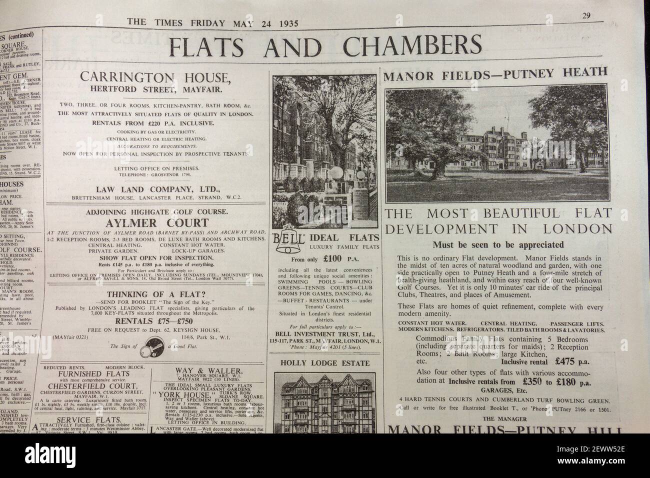 Publicité pour les propriétés à vendre (appartements et chambres) dans le journal The Times, Londres, Royaume-Uni, vendredi 24 mai 1935. Banque D'Images