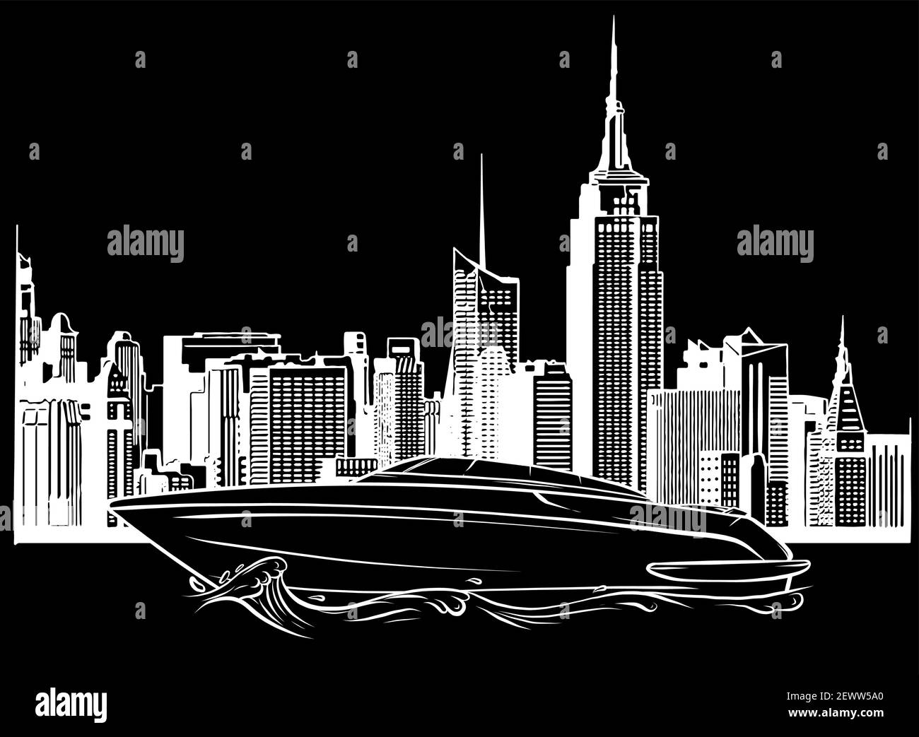 Silhouette vectorielle Illustration d'un bateau privé de luxe sur des gratte-ciel arrière-plan Illustration de Vecteur