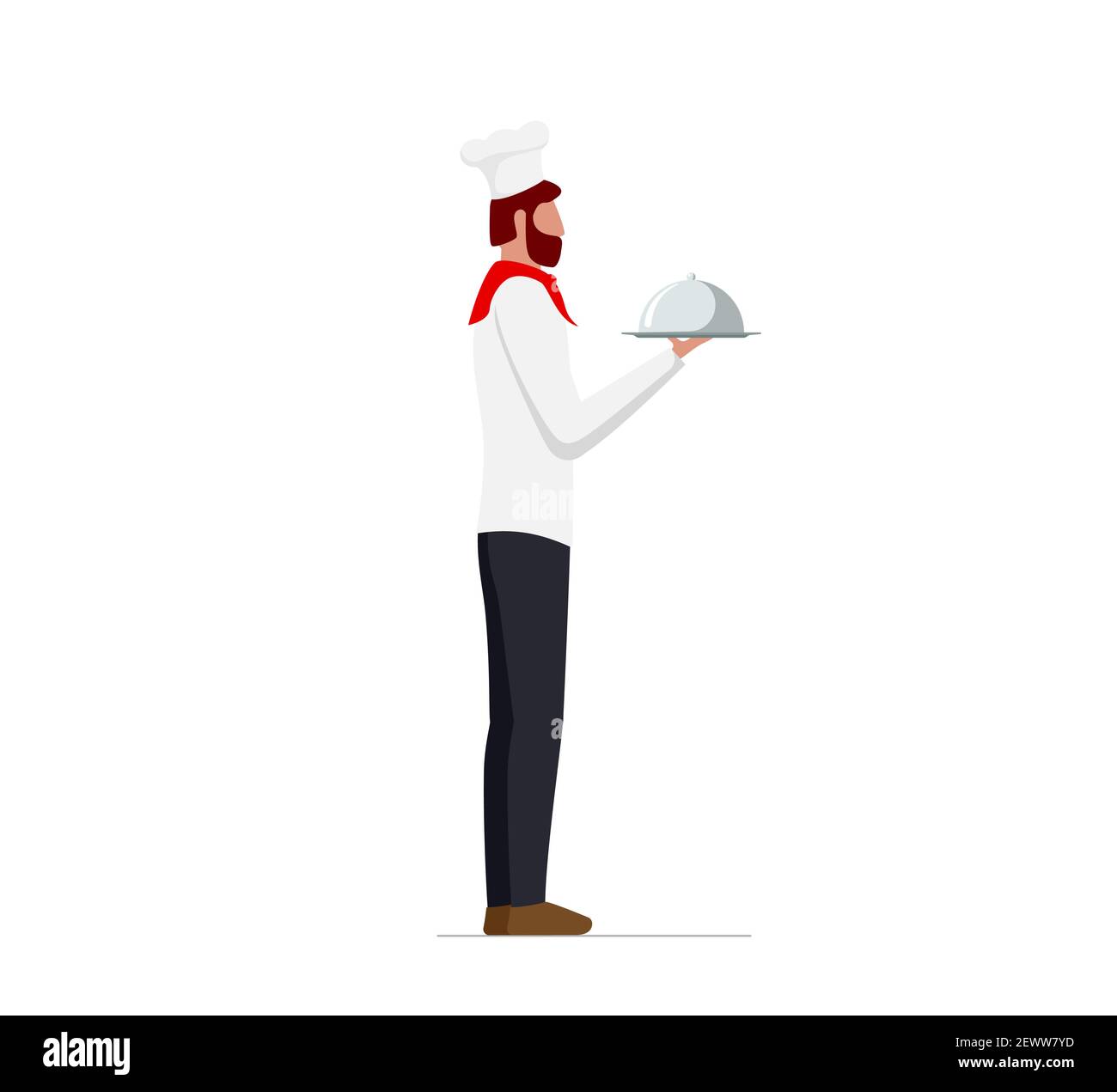 Élégant chef masculin en uniforme et chapeau tenant une assiette de service avec un dôme. Restaurant ou café concept de service de haute qualité. Illustration vectorielle plate Illustration de Vecteur