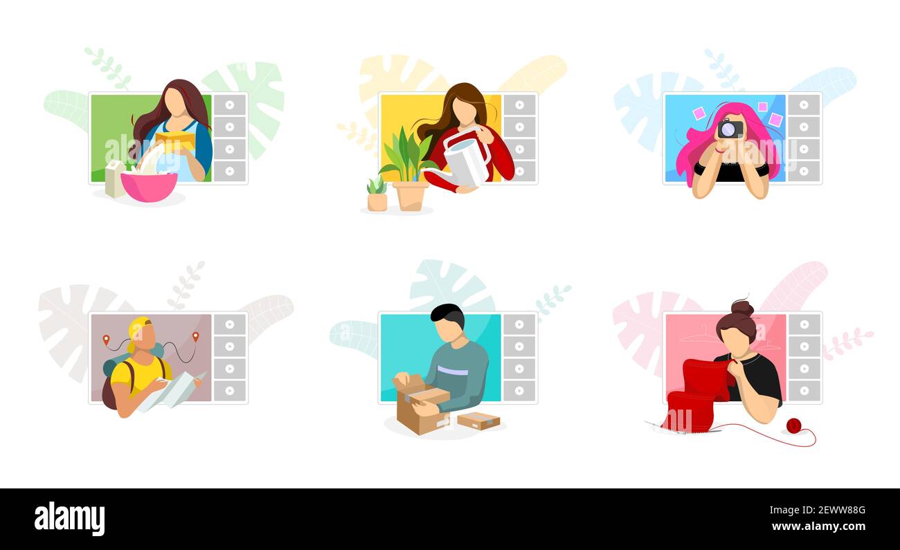 Blogueurs faisant de la nourriture et de la beauté du contenu vidéo de style de vie sur l'écran.Le déballage des réseaux sociaux et le jeu de canaux des enregistreurs de données d'influence sur les voyages.Didacticiels et scénario de revue en ligne pour l'éducation et la mode en streaming Illustration de Vecteur