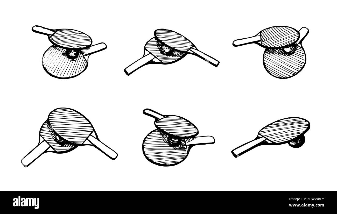 Jeu d'icônes d'esquisse de contour dessinées à la main et de raquettes de ping-pong.Équipement de tennis de table.Concept du logo des pagaies de jeu de ping-pong.Illustration isolée à l'encre noire vectorielle sur fond blanc Illustration de Vecteur