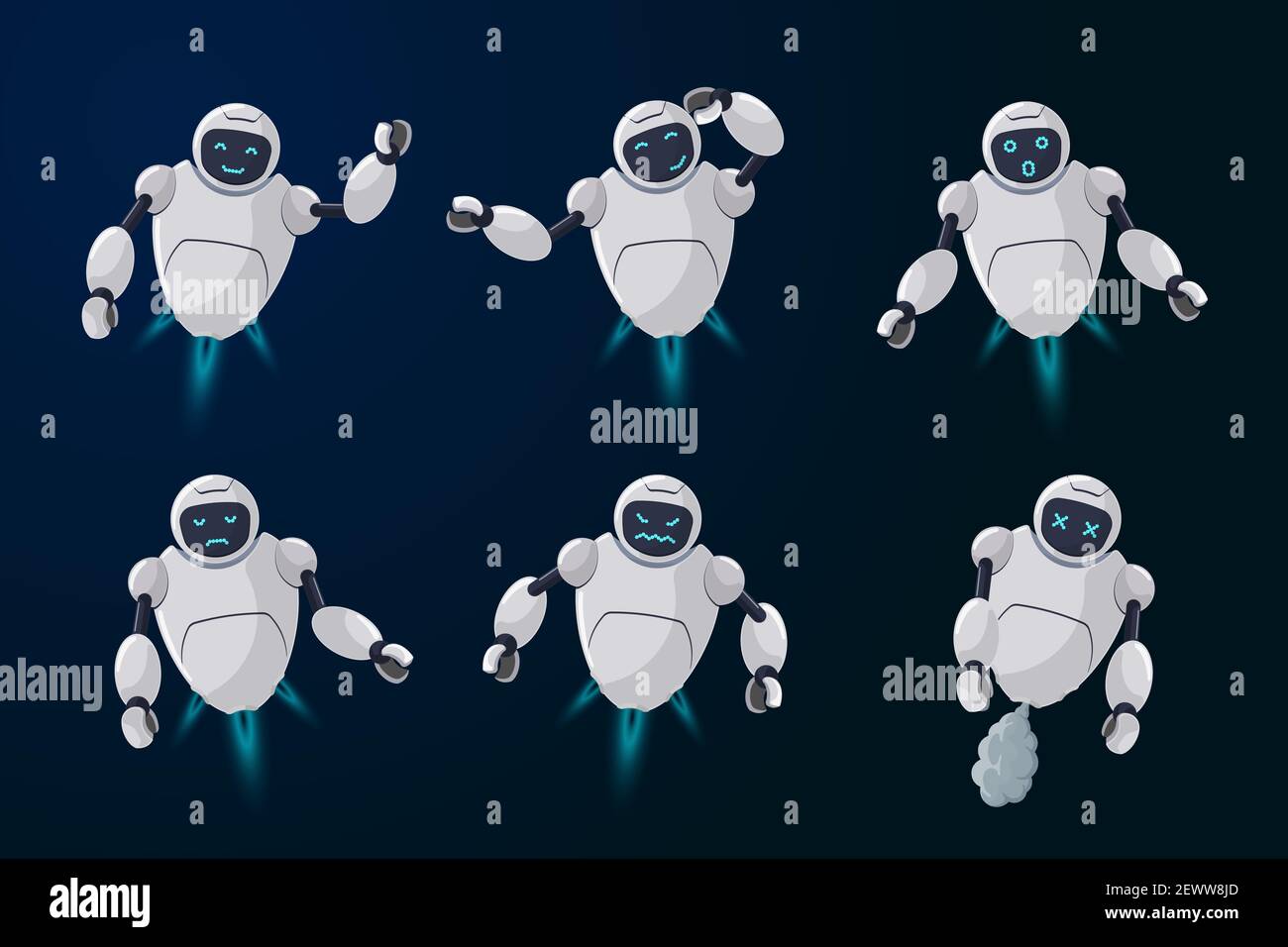 Ensemble d'émotions différentes avec un robot sympa et mignon.Mascotte futuriste de chatbot diverses poses d'activité.Bot en ligne salue, sourire, triste, mal, surpris,pensez et brisés.Illustration de dessin animé futuriste Illustration de Vecteur
