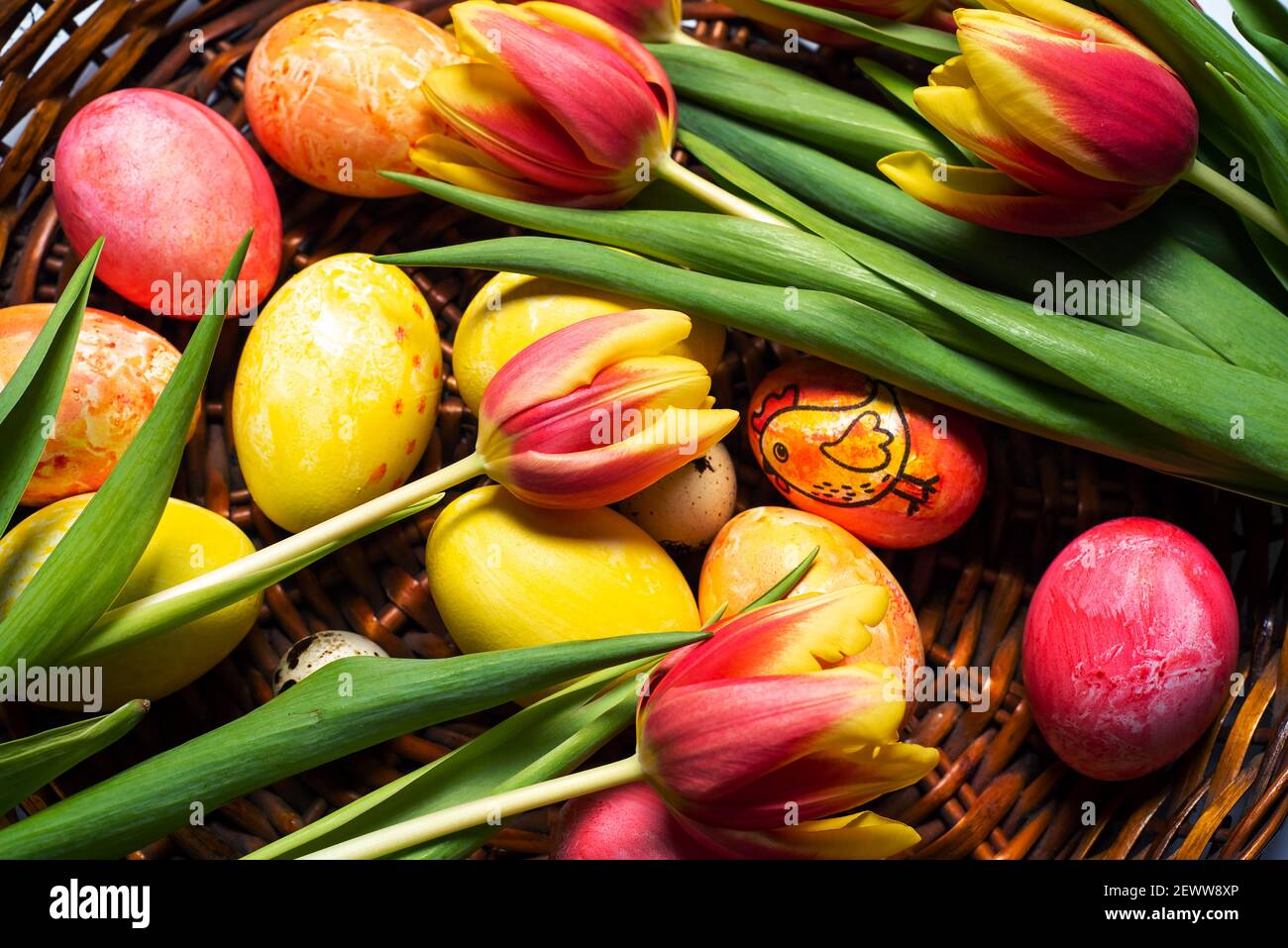 Tulipes colorées et œufs de Pâques peints dans un panier de gros plan Banque D'Images