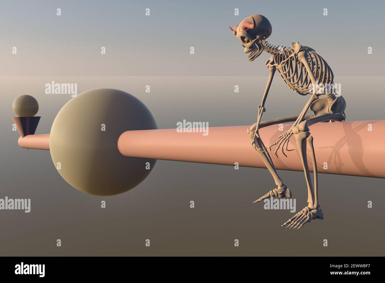 Illustration de rendu 3D d'un squelette de diable assis sur une barre surréaliste avec des formes géométriques conservant un équilibre - Halloween Banque D'Images