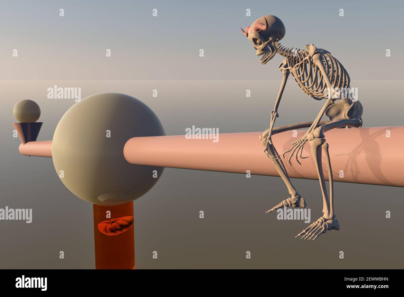 Illustration de rendu 3D d'un squelette de diable assis sur un bar surréaliste aux formes géométriques et une tenue de citrouille Un équilibre - Halloween Banque D'Images
