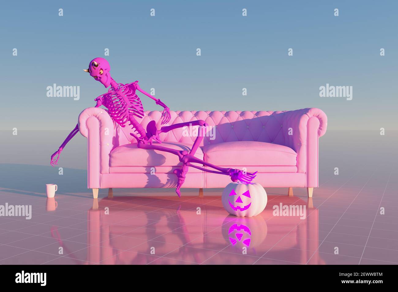 Illustration de rendu 3D d'un squelette de diable assis sur Un canapé et une citrouille au sol - Halloween concept Banque D'Images