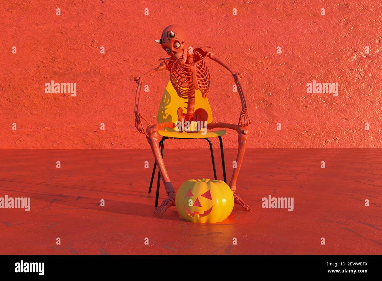 Illustration de rendu 3D d'un squelette de diable et d'un Citrouille sur fond rouge - Halloween concept Banque D'Images