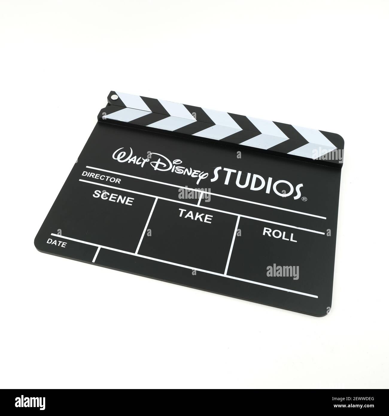 Walt Disney Studios clapper sur fond blanc Banque D'Images