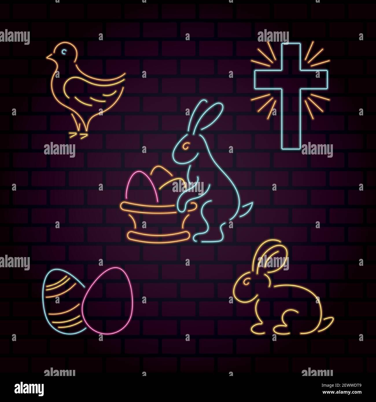 Ensemble de vecteur néons icônes de Pâques: Lapin, croix, oeufs, poulet sur un fond de mur de brique Illustration de Vecteur
