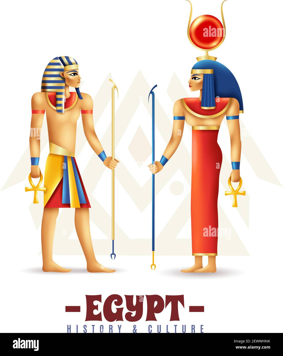 Égypte histoire et culture concept de conception dans le style de dessin animé avec illustration du vecteur des personnes hathor et pharaon Illustration de Vecteur