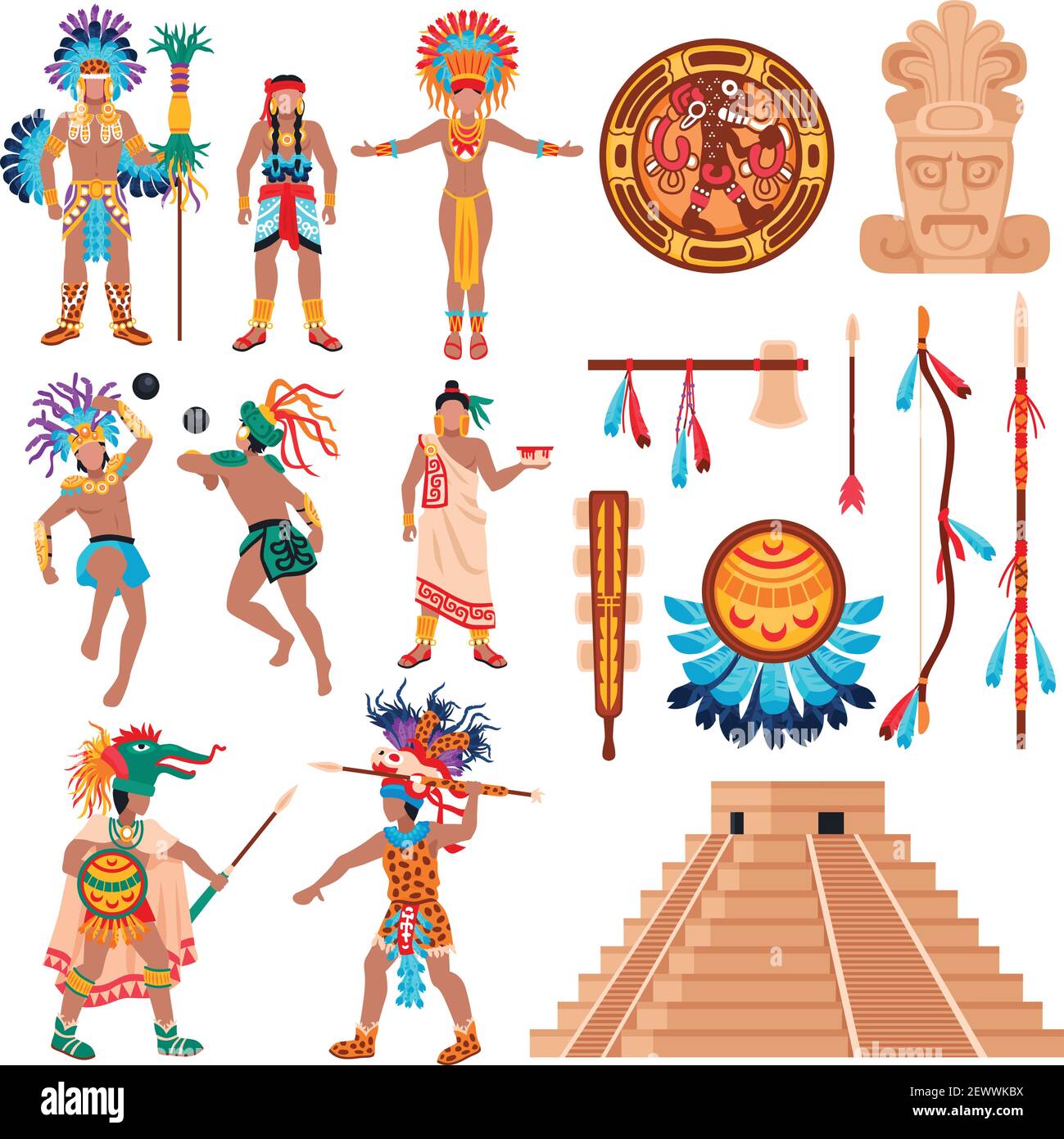Civilisation maya ensemble d'éléments ethniques isolés idoles et humains personnages de l'illustration vectorielle de la culture tribale américaine Illustration de Vecteur