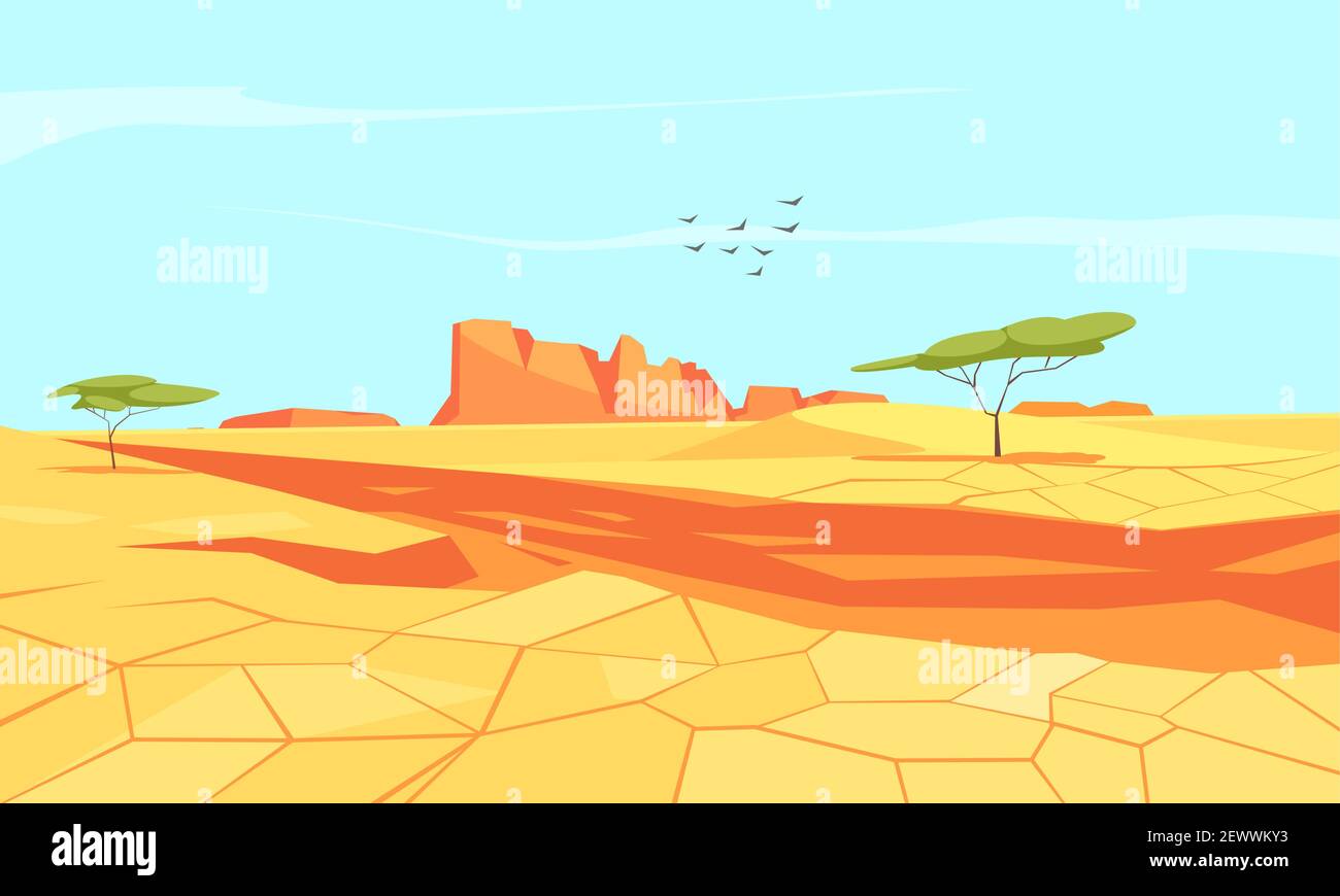 Composition du désert avec paysage plat de désert paysage avec illustration vectorielle des terrains sablonneux et des canyons Illustration de Vecteur